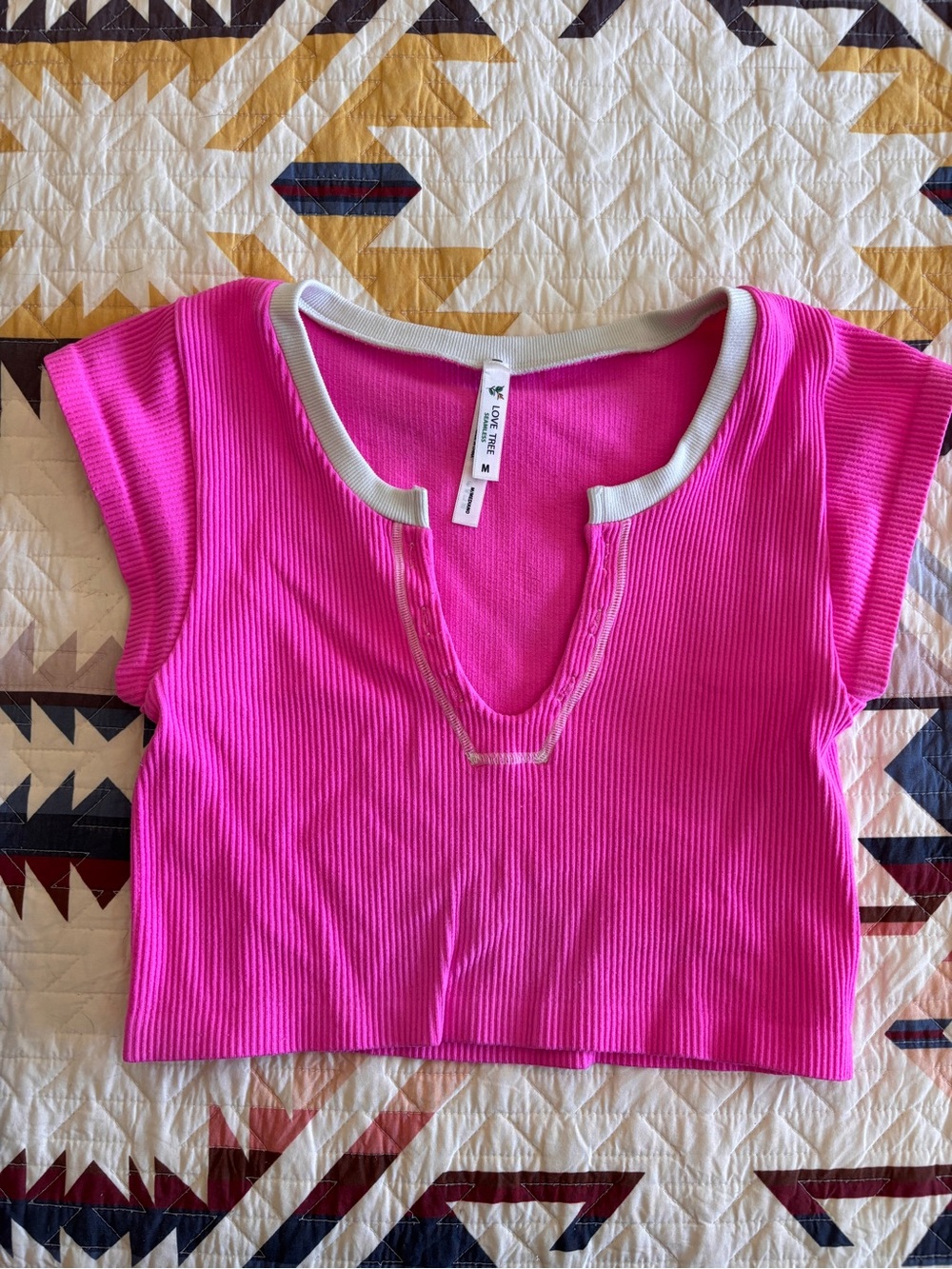 Love Tree Hot Pink Ribbed V-Notch Crop Top with White Trim